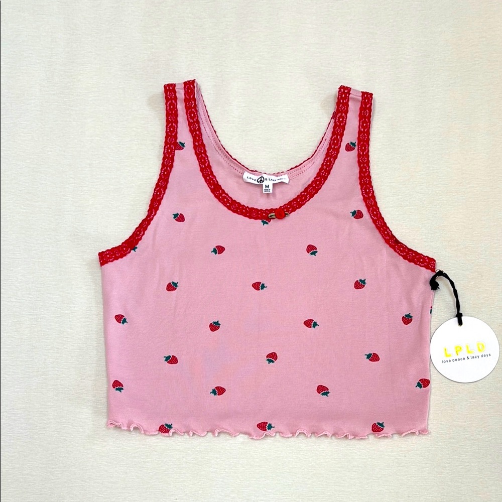 Love Peace and Lazy Days tank top with strawberries and lace trim.